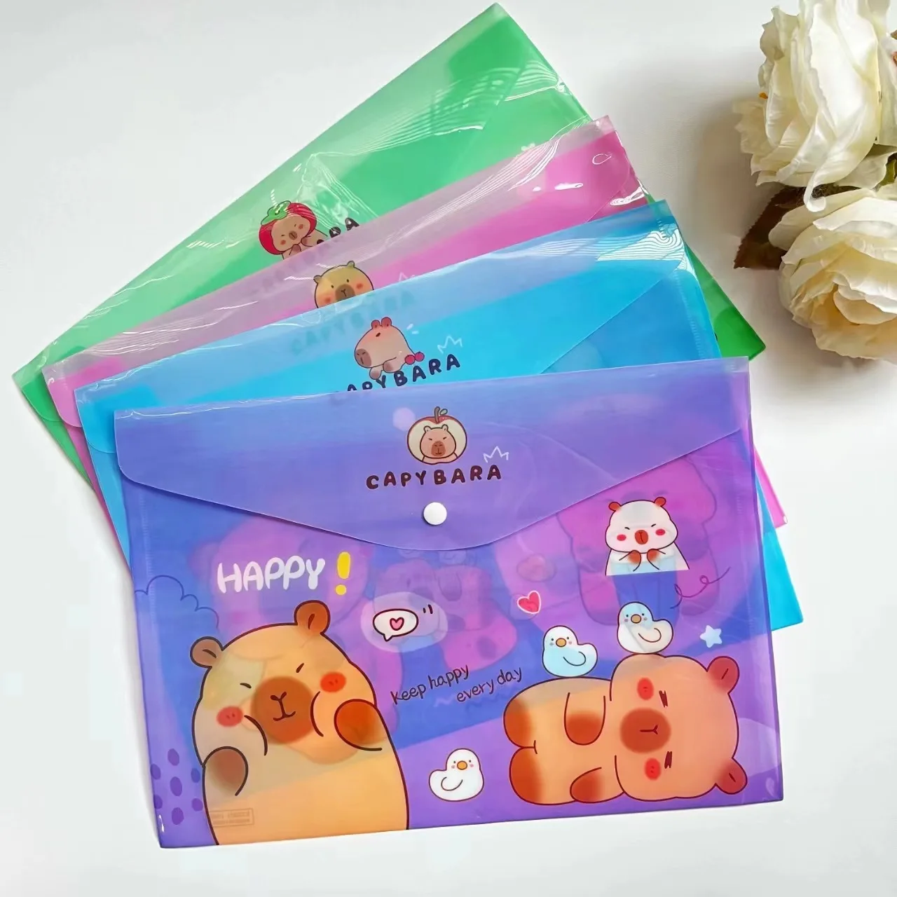 4Pieces New A4 Capybara Cartoon File Bag Folder Plastic Envelopes Clear File Folders Document Organizers With Snap Button gif