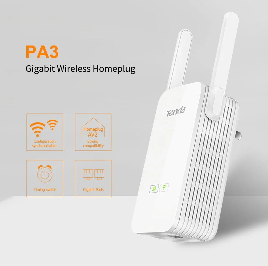 1Pcs Tenda PA3 1000Mbps Powerline AV1000 WiFi Power Line Extender Gigabit Port Wirless Wi-Fi Extendor Chinese Firmware