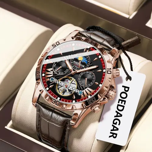 POEDAGAR, reloj de pulsera automático de lujo, resistente al agua, luminoso, fecha, semana, reloj de cuero para hombres, Tourbillon, relojes mecánicos de moda para hombres