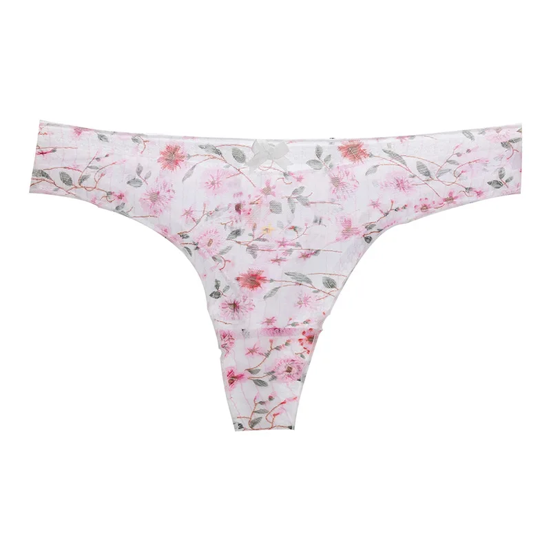 Floral śliczne Japanes Style Mesh Bow bezszwowe majtki stringi dla intymnych różowy G String kobiety dziewczyny bielizna przewiewna kalesony