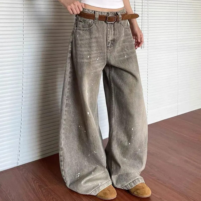 Women Vintage Paint Splatter Wide Leg Jeans High Waist Distressed Denim Pants Autumn Washed Loose Full Length Casual Trousers