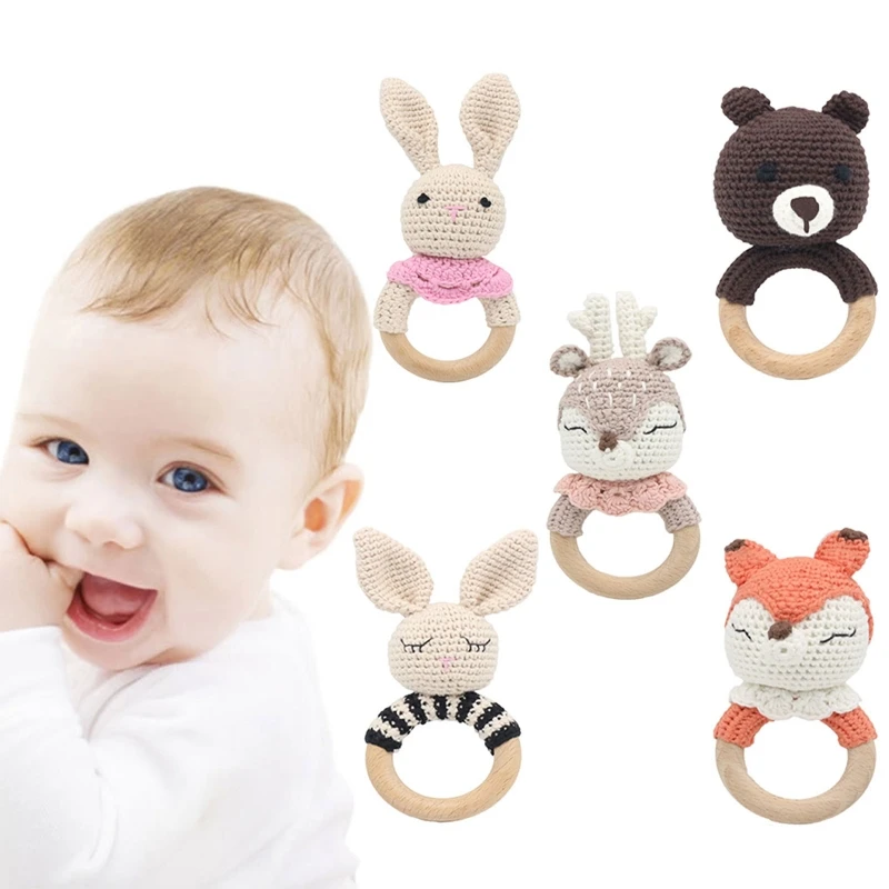 Baby Teether แหวนไม้ Handmade BPA ฟรีเคี้ยวของเล่นฟันด้ายฝ้ายโครเชต์สัตว์ Rattle ถักมือ W3JF