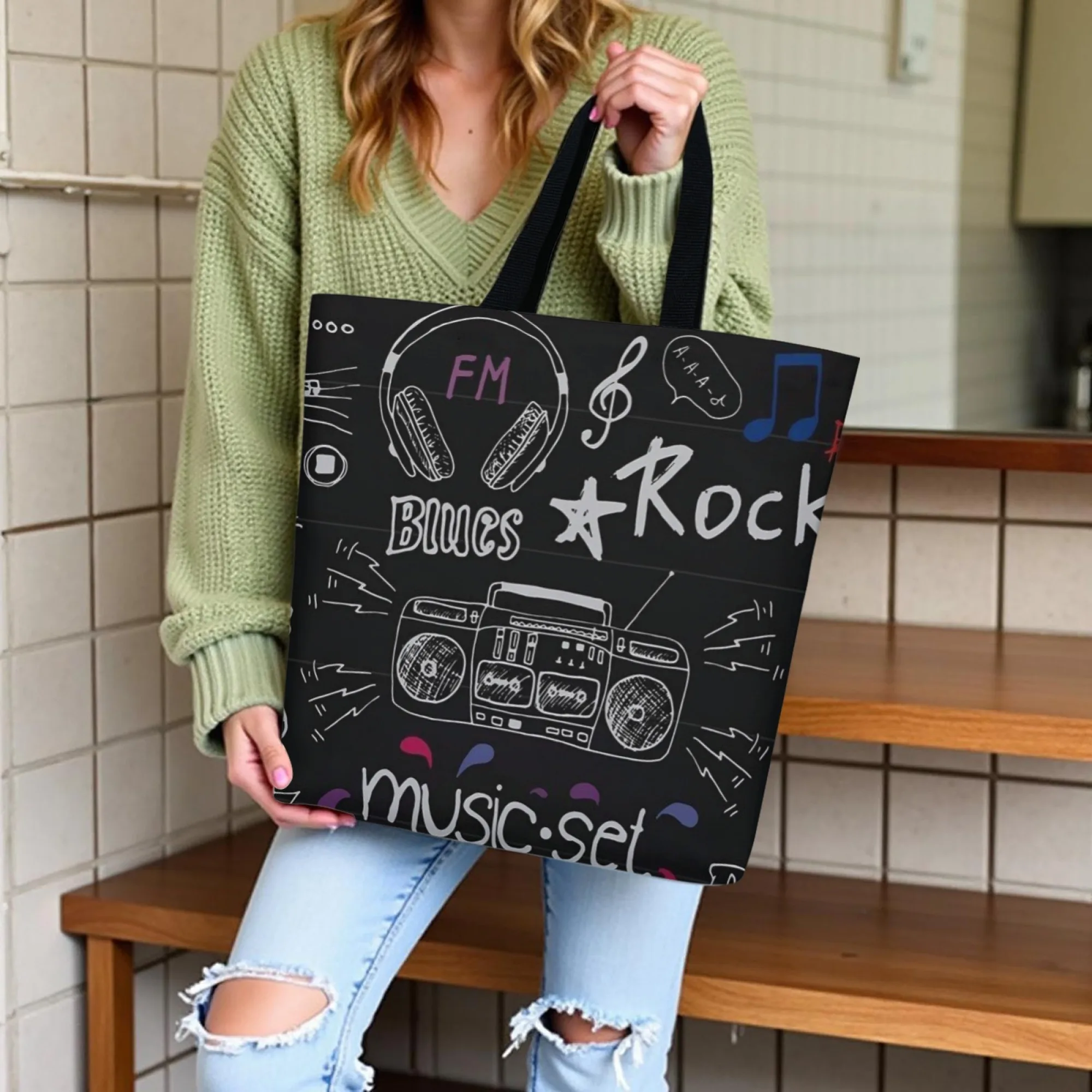 Rock Music Graffiti Canvas Women Tote Bag Black Music Print Shoulder Bag Large Capacity Casual Handbag Reusable Music Travel