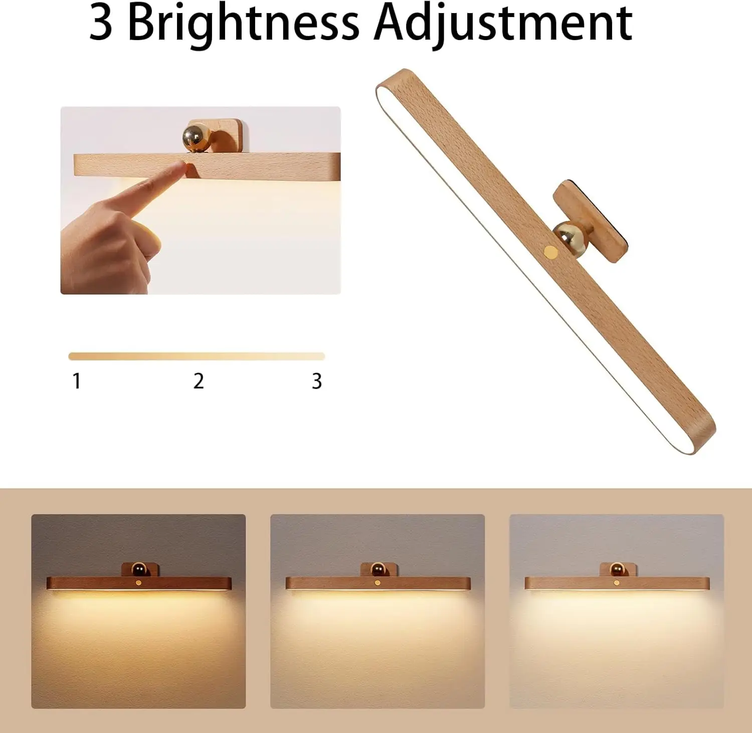 LED Drewniana 360° ° Obrotowa magnetyczna lampa toaletkowa, ładowana przez USB, ściemnialna lampa do makijażu z możliwością ładowania, do łazienki