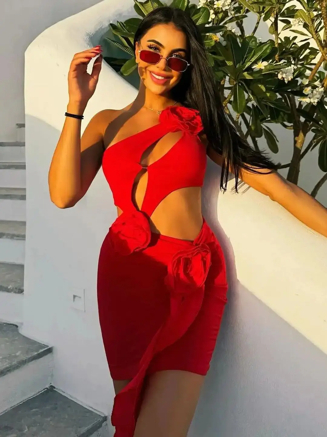 Red Flower Cut Out Asymmetric Swimsuit and Chiffon Drape Mini Beach Skirt Women Bathing Suit Summer Red Flower Cut Out Asymmetric Swimsuit and Chiffon Drape Mini Beach Skirt Women Bathing Suit Summer