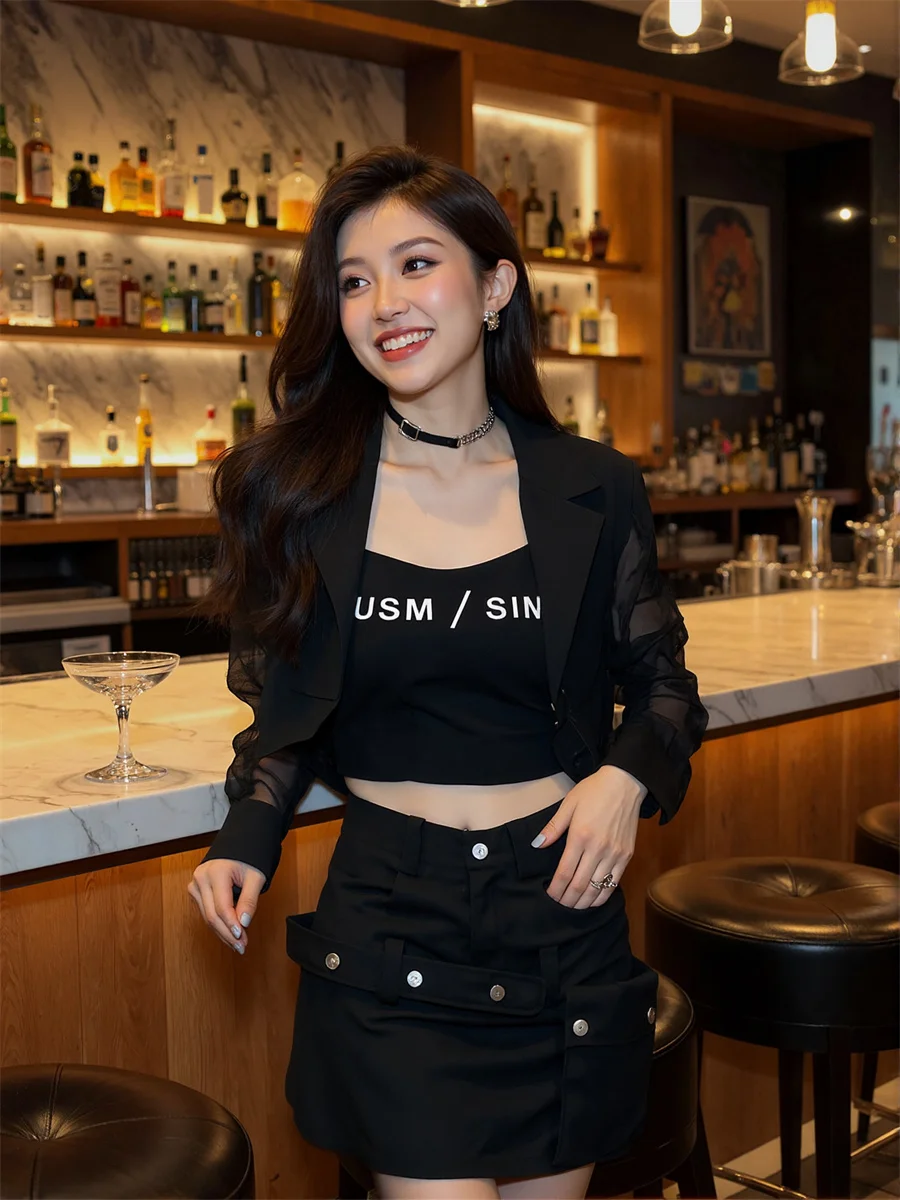 Sun-proof Cropped See-through Back-Slit Blazers Elegant Woman Clothes For Women Temperamet Slim-Fit Crew-Neck Zip Shimmer Splied