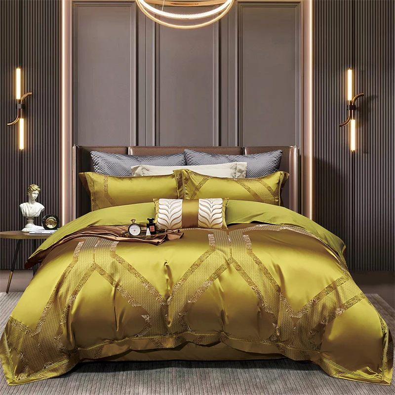 Modern Luxury Villa Egyptian Cotton Bedding Set Glossy Satin Golden Geometric Jacquard Duvet Cover Set Bed Sheet Pillowcase 4Pcs