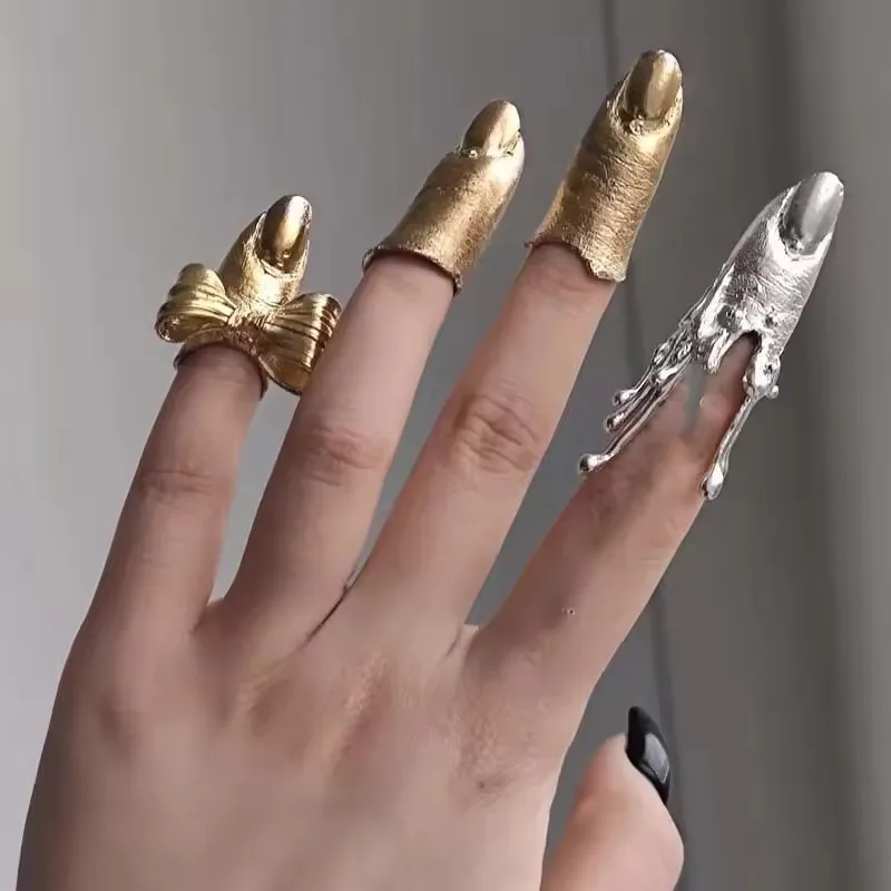 Fashion Metal Irregular Texture Lava Drop Rings For Men Women Gothic Punk Silver Color Bowknot Armor Nail Ring Y2K Jewelry