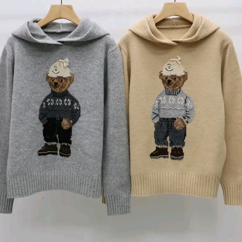 Hooded Sweater Women\'s Autumn and Winter New Fashion Casual Cartoon Bear Embroidery Knitted Sweater Sportswear Jacket