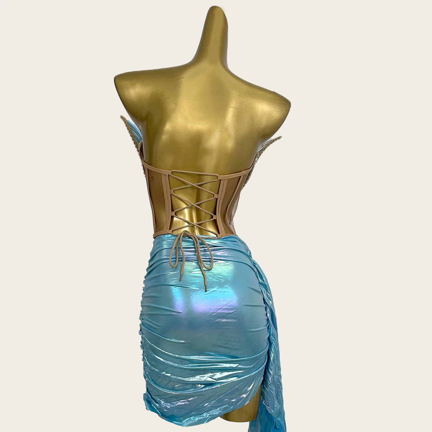 مثير الراقية لامعة حجر الراين الترتر المرايا نمط فستان قصير مجموعة المرأة حمالة Bodycon كوكتيل حفلة الرقص ارتداء Douniu