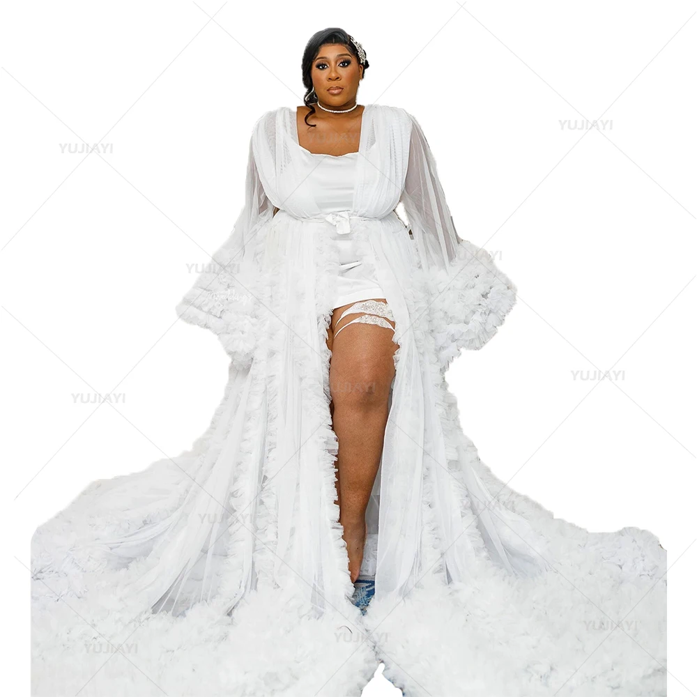 Robe de mariée à volants en tulle extra moelleux pour femmes, vêtements de nuit à plusieurs niveaux avec longue traîne, lingerie fendue sur le devant, vêtements de nuit pour patients