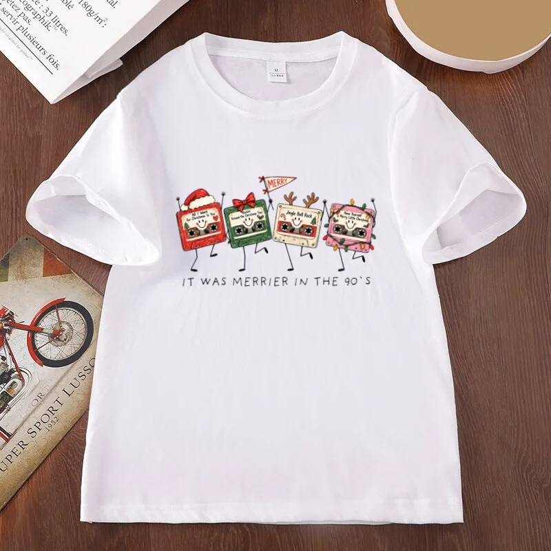 It Was Merrier in The 90s Tshirt Retro Christmas Cassette Doodle T-shirt Holiday Music Funny Graphic Tshirts Cotton Short Sleeve