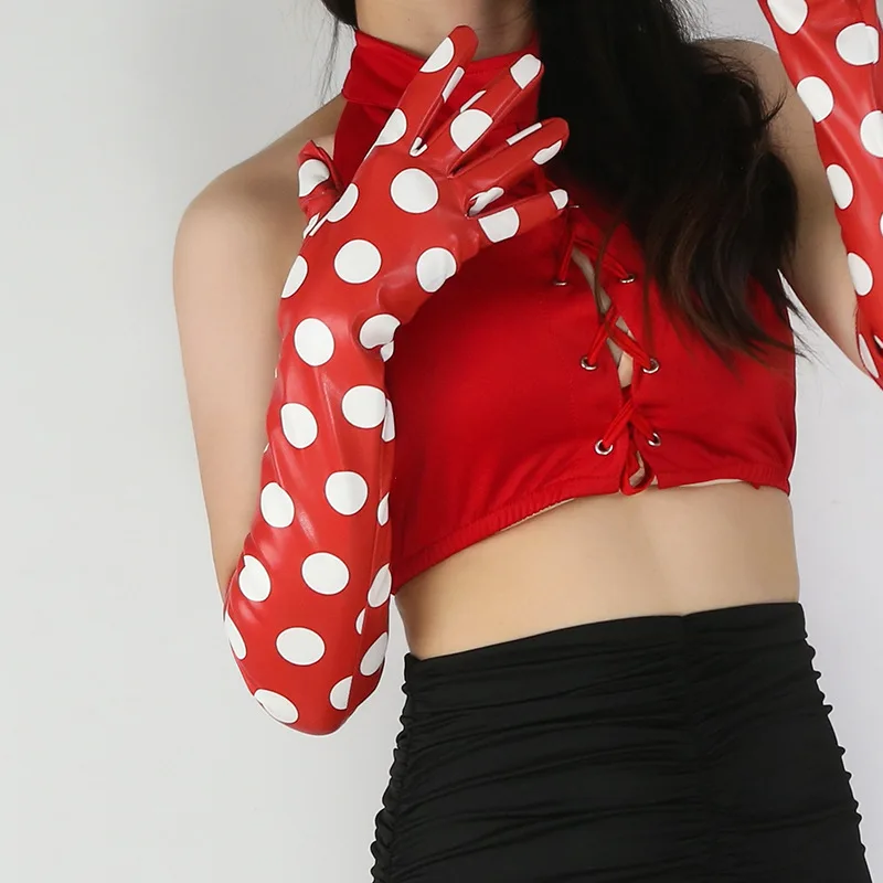 Leather Gloves Female 40cm Faux Sheepskin PU Big Dots Mid-Length Style Women Gloves Red Nightclub Party Cosplay HPU25