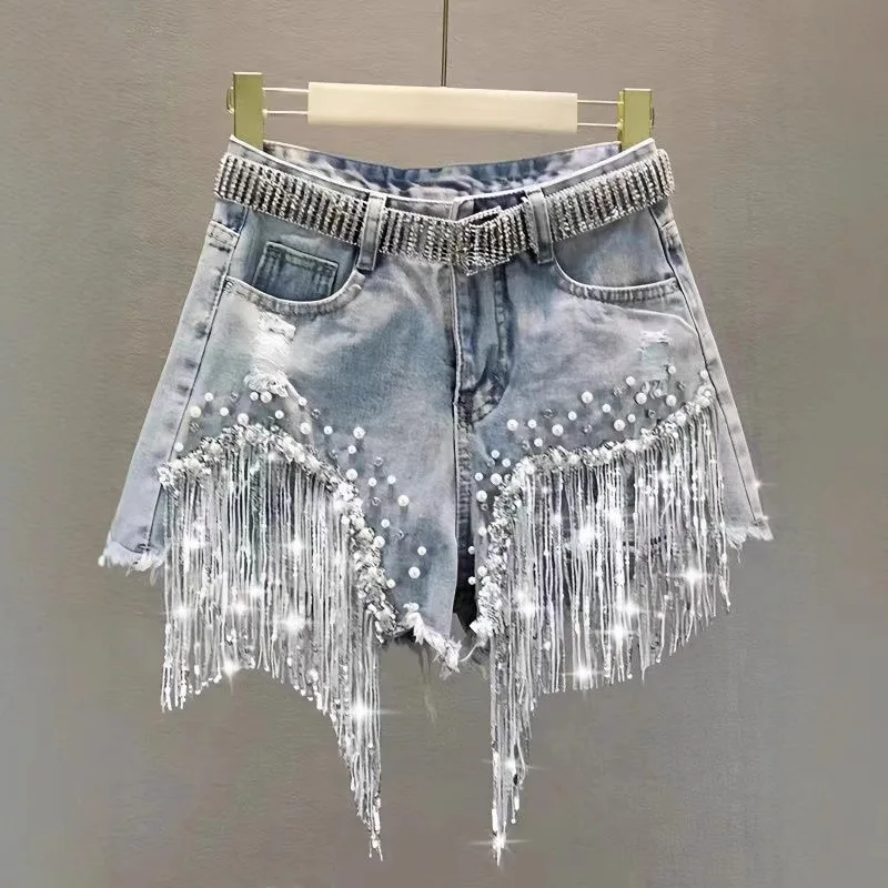 2026 New Summer Women's American Style Heavy Duty Beaded & Rhinestone Shorts High Waist Sequin Tassel Ripped Wide Leg Hot Pants