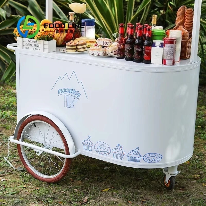 

Customized Ice Cream Tricycle Bike Portable Push Cart Outdoor Street Frozen Treats Vending Cart for Snack Business