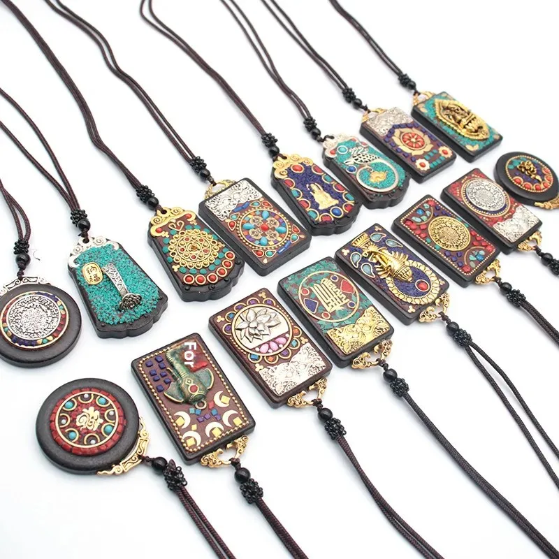 Ethnic Style Black Ebony Wood Necklace Sweater Chain Wooden Ox God Buddha System Simple Long Cotton Linen Accessories Wholesale