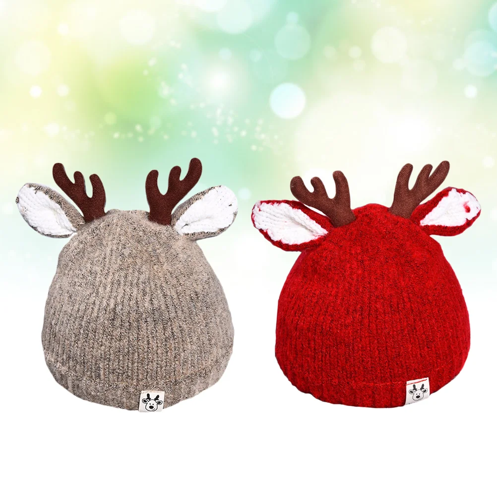 

2 Pcs Baby Knitted Hat Newborn Winter Antler Woolen Children Hats Keep Warm Kids