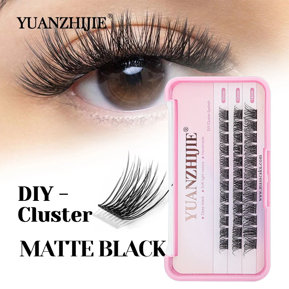 YUANZHIJIE 10/12/14mm Mix Length Korean PBT Fiber DIY Clusters Eyelash Matte Dark Black Fluffy Segmented Lashes Easy to Operate