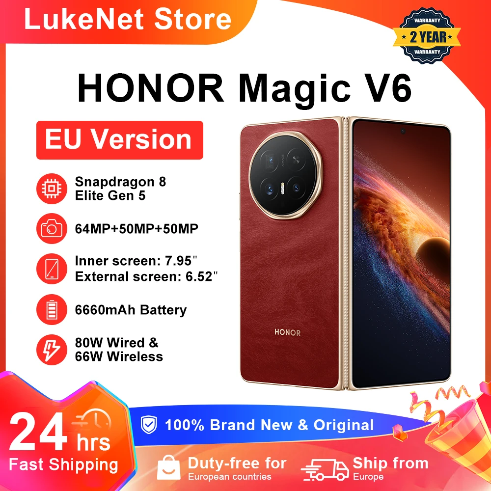 HONOR Magic V6 EU-Version 5G Smartphone Snapdragon 8 Elite Gen5 6660mAh Akku 80W SuperCharge MagicOS 10 7,95" OLED-Display IP69