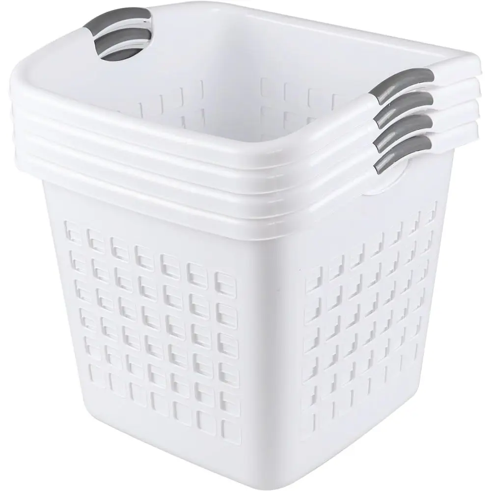 

Set of 4 Large White Plastic 72L Square Laundry Hampers for Dirty Clothes Storage