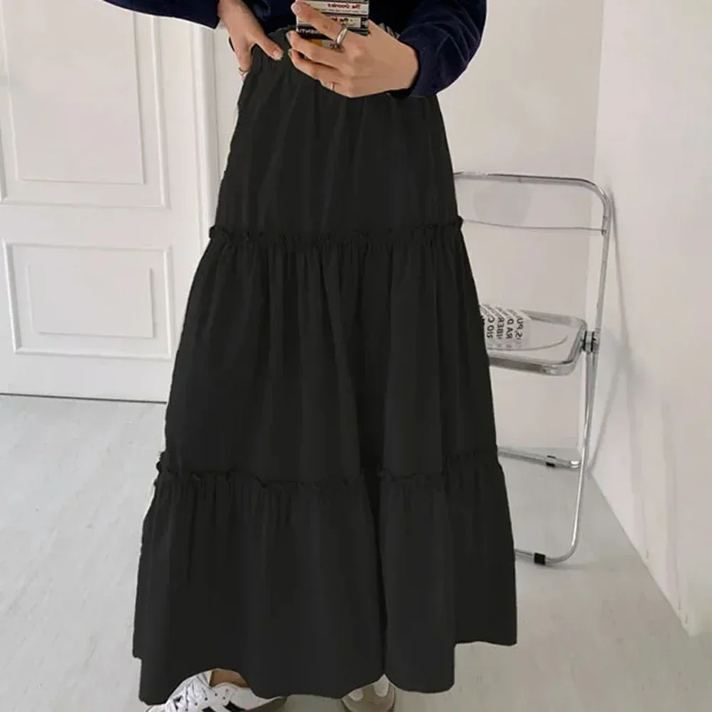 

Elastic Waist Women Pleated Skirts Vintage Streetwear Skirts Slight Stretch Spring Fashion Casual Style Daily Wear