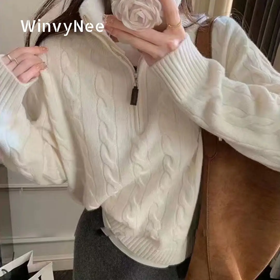 

WinvyNee Women's Clothing Cashmere Sweaters Half Zipper Polo Collar Wool Causal Solid Knitted Tops Pullovers Winter A1724004