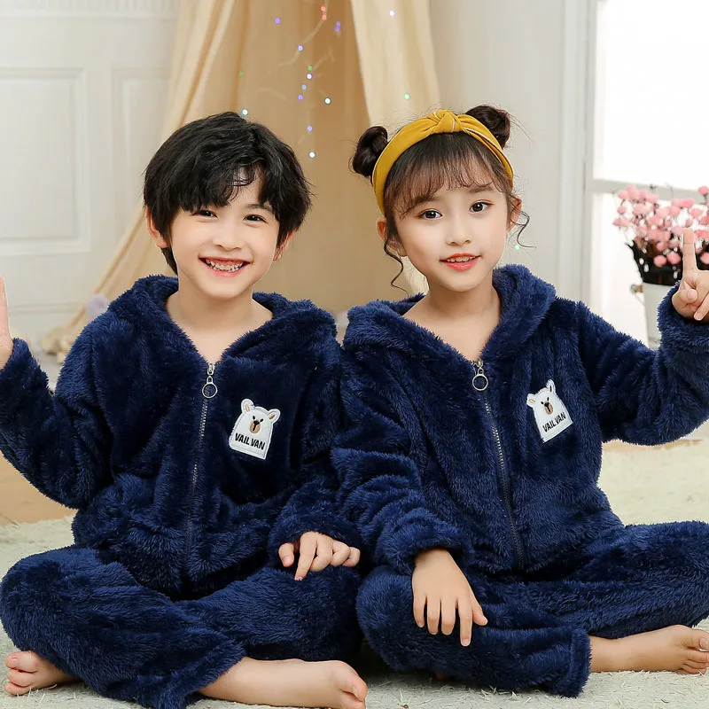 New 2022 Kids Boys Girls Autumn Winter Warm Cashmere Pajama Sets Hooded Long Sleeve Lapel Tops with Pants Sleeping Clothing Sets