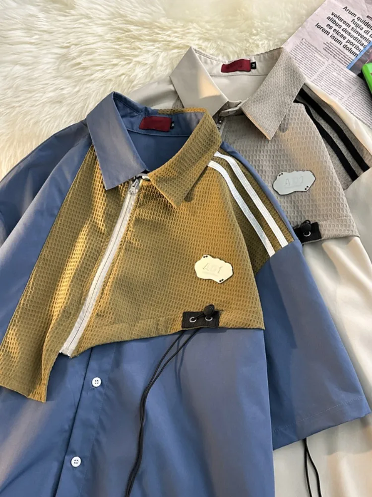 

Мужская летняя повседневная рубашка с коротким рукавом в японском стиле, модный бренд, рабочая одежда, куртка с оригинальным дизайном, топ с элементами пэчворка