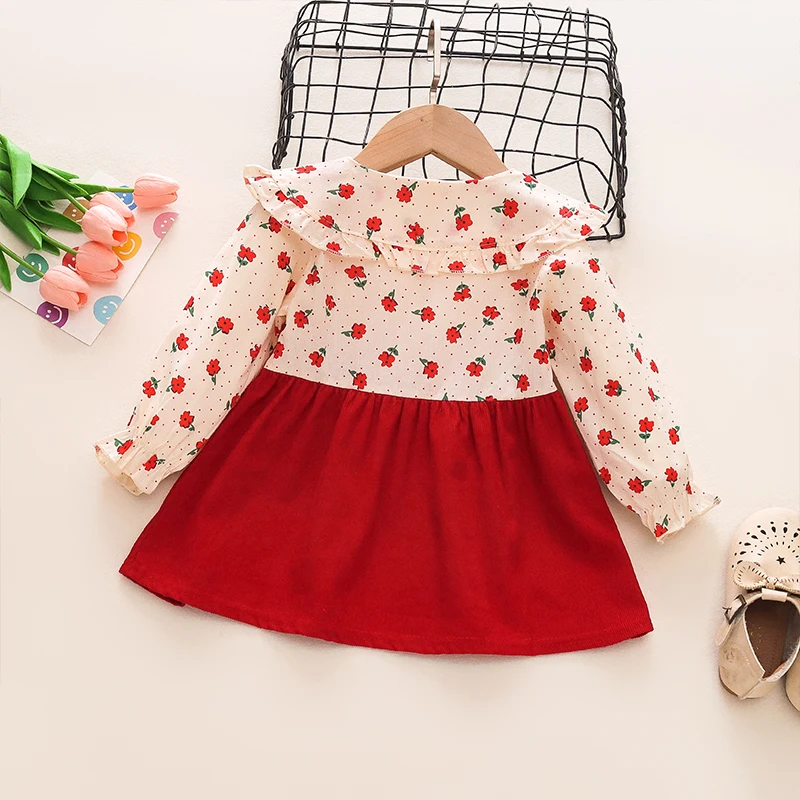 Autumn New Girls\' Fake Two-Piece Long Sleeved Floral Dress Children\'s Clothing Doll Collar Bow Shirt Children\'s Skirt