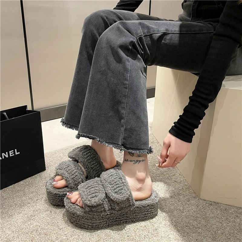 Female Shoes House Slippers Platform Fur Flip Flops Slides Med Fashion Flock 2023 Plush Massage Flat Luxury Basic Rubber Autumn