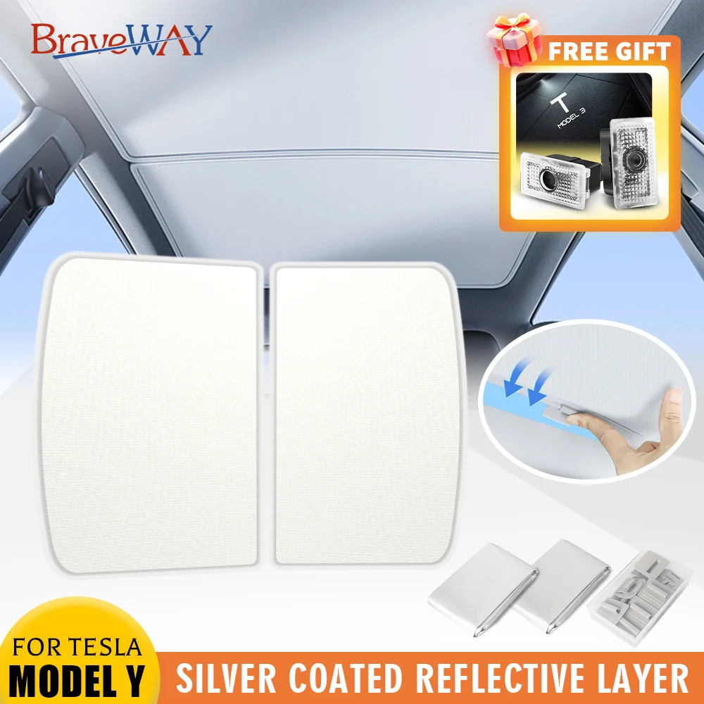 BraveWAY FREE GIFT For Tesla Model 4/Y Highland Ice Cloth Buckle Shades for Glass Roof Front & Rear Sunroof Skylight Sunshade