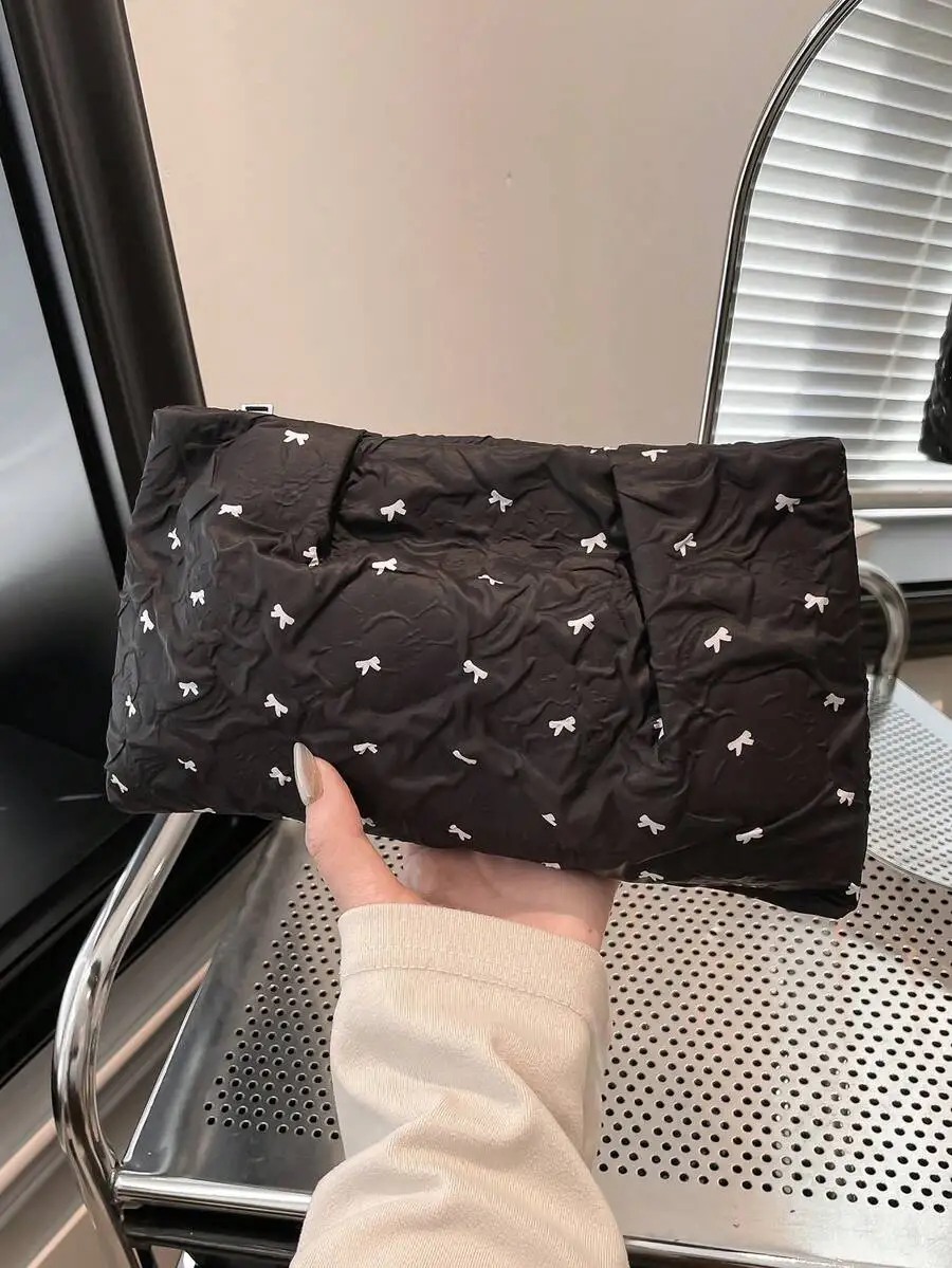 

Black Bow-Printed Pleated Clutch Pouch, 24cm Wide Base, Envelope Design For Travel, Makeup And Daily Essentials Storage