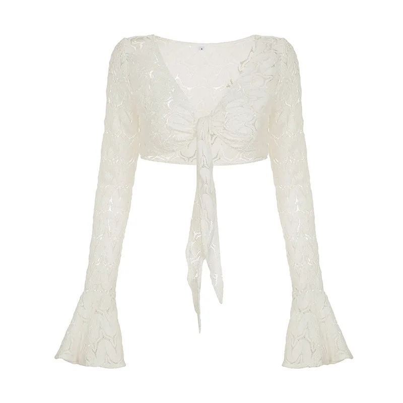 Y2K ソリッドフレアスリーブカーディガンカジュアルレースアップビーチカバーアップコケットホワイト長袖シャツ日焼け止め生き抜く