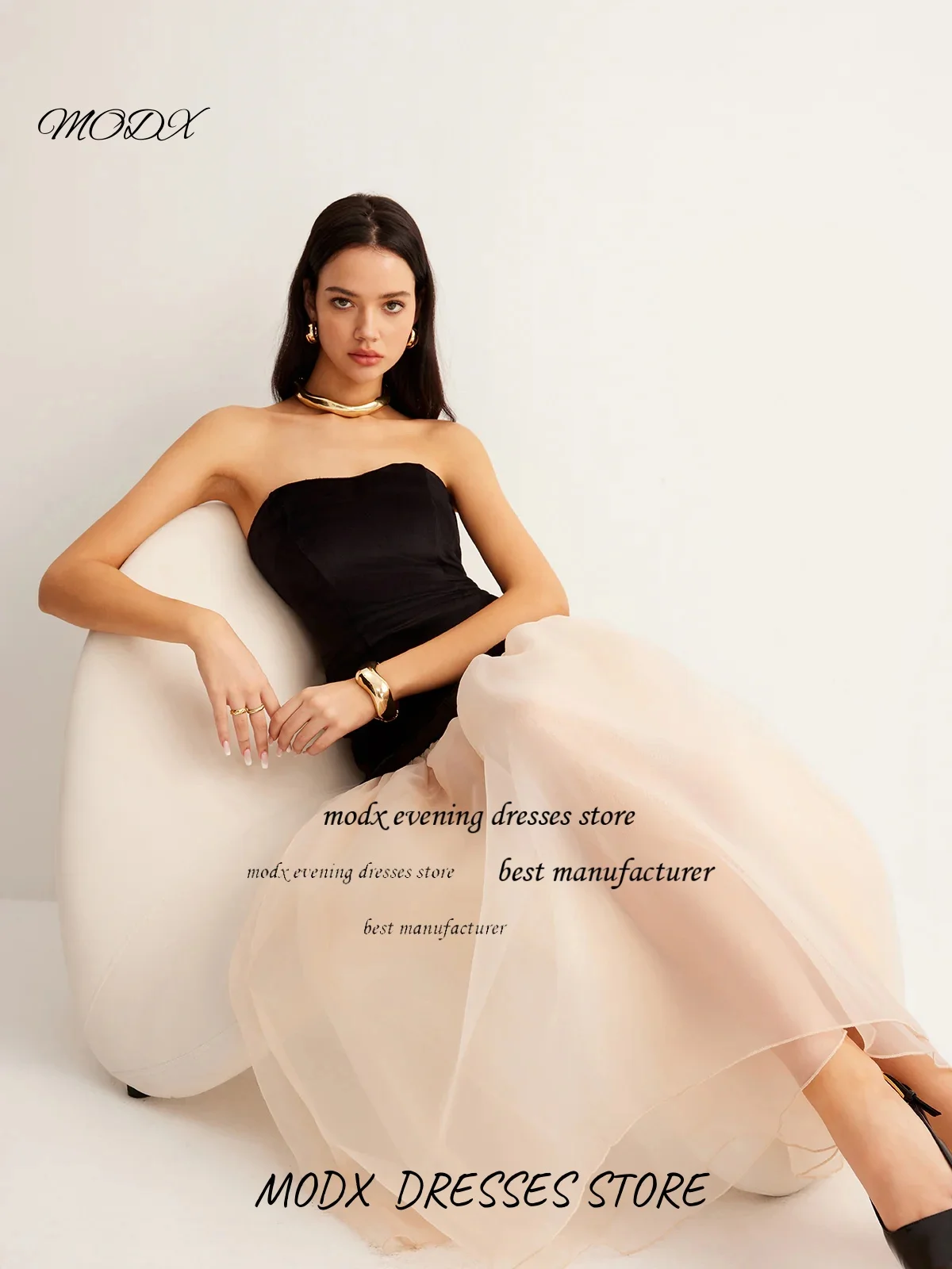 MODX Maßgeschneiderte elegante Ballkleider aus Satin und Chiffon, schulterfrei, ärmellose Ballkleider, rückenfreie Abendkleider in A-Linie