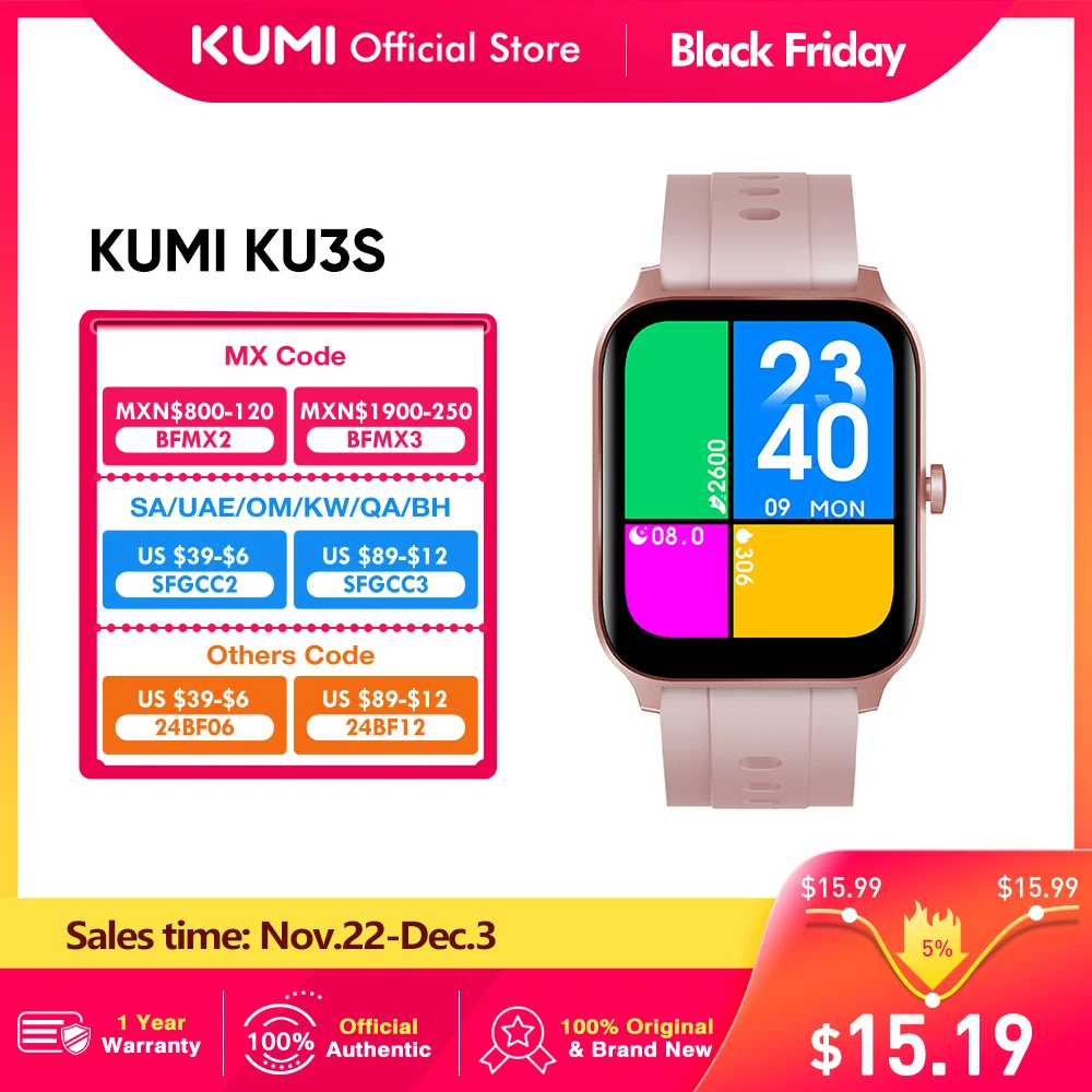 KUMI KU3S Alexa Smart Watch Tuya Call Sport Fitness Heart Rate Blood Pressure Sleep Monitor IP68 Waterproof Women Smartwatch