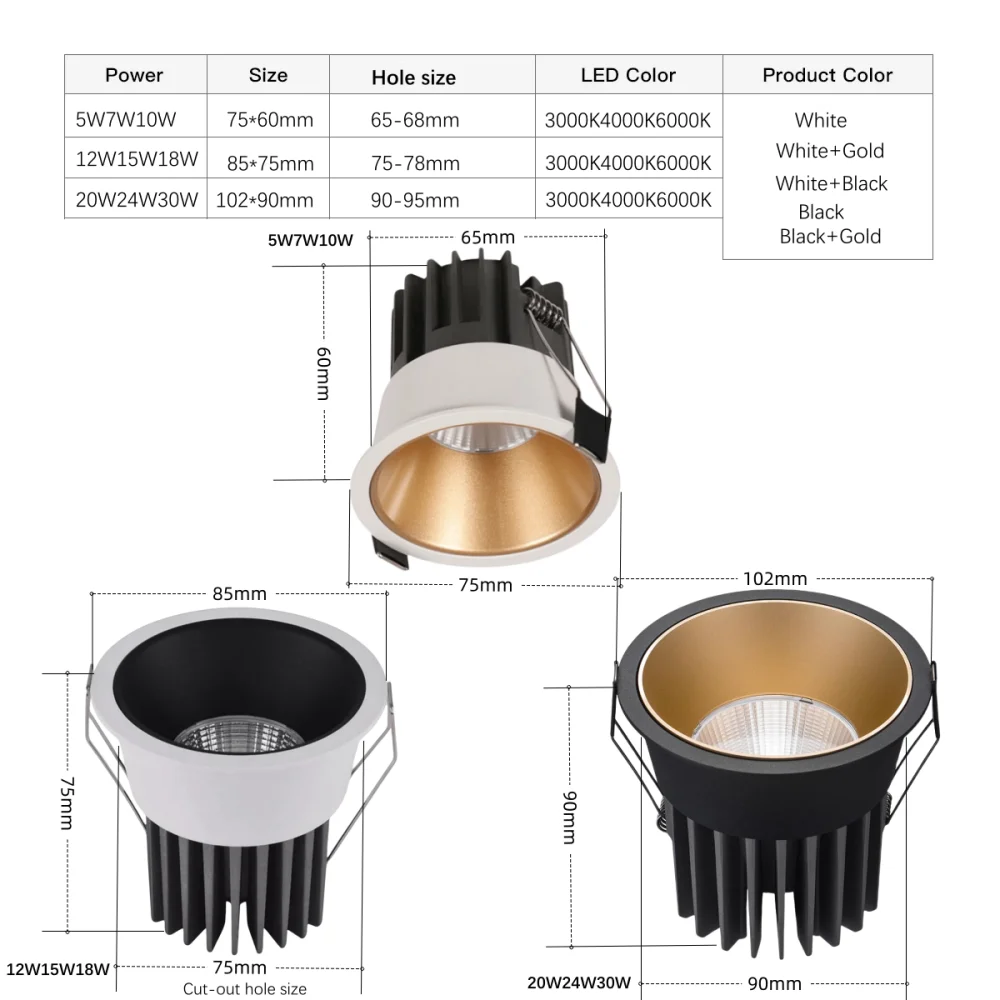 Spot Lumineux LED Encastrable en Aluminium avec Technologie COB, Lumière à Intensité Réglable, Idéal pour le Plafond, la Maison ou le Bureau,