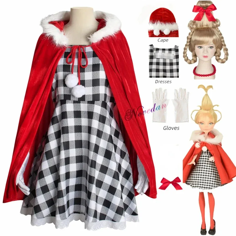 

Cindy Lou Who Coaplay Costume Red Hood Cloak Plaid Dress Green Braid Wig Monster Cosplay Costume Christmas Outfit Women Girls
