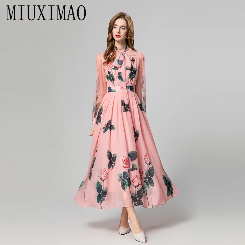 

MIUXIMAO 2025 Summer Fashion Full Dress Vintage Flower Print Full Sleeve Chiffon Pink Long Dress Beach Dress Women Vestides Bow