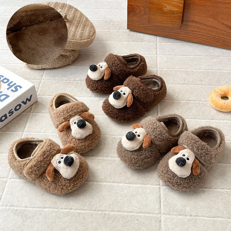 

Зимняя хлопковая обувь для девочек, модная детская уличная обувь принцессы с мягкой подошвой и собакой, теплая детская плюшевая повседневная обувь для малышей