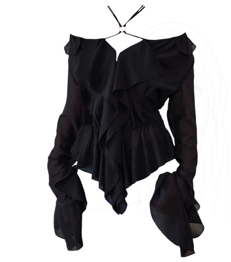 

High End French Sexy Halter Summer Outdoor Casual T Shirts All Match Ruffle Women Elegant Korean Clothing Y2k Aesthetic Tops