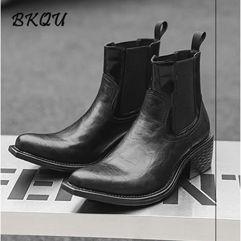 

BKQU Pointy Chelsea Boots for Men Fall 2024 New Increase Thick Soled Retro Wizard Boots Root Trend Formal Casual Style