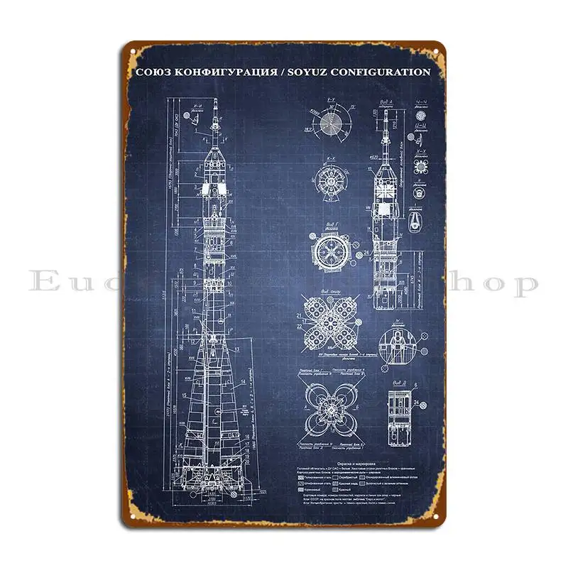 Soyuz Blueprint In High Resolution Dark Blue Metal Sign Club Wall Decor Cinema Custom Club Tin Sign Poster