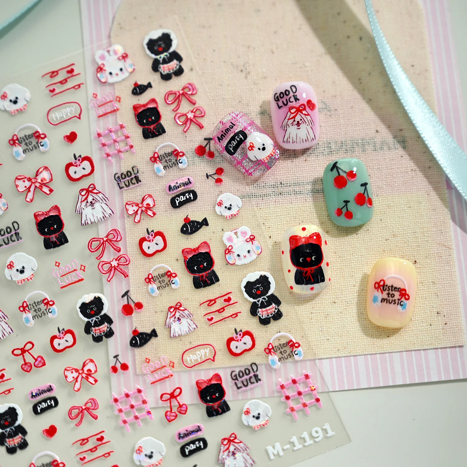 جميل لامعة أرنب الكلب القط Bowknot الكرز أبل الحب ثلاثية الأبعاد ذاتية اللصق مسمار الفن ملصقات لطيف الكرتون الكتابة على الجدران مانيكير الشارات