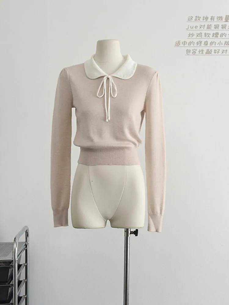 Sweet Preppy Style Jumper Women Kawaii Peter Pan Collar Lace Up Knitted Pullover Korean Fashion Casual Sweater Y2K Autumn Winter