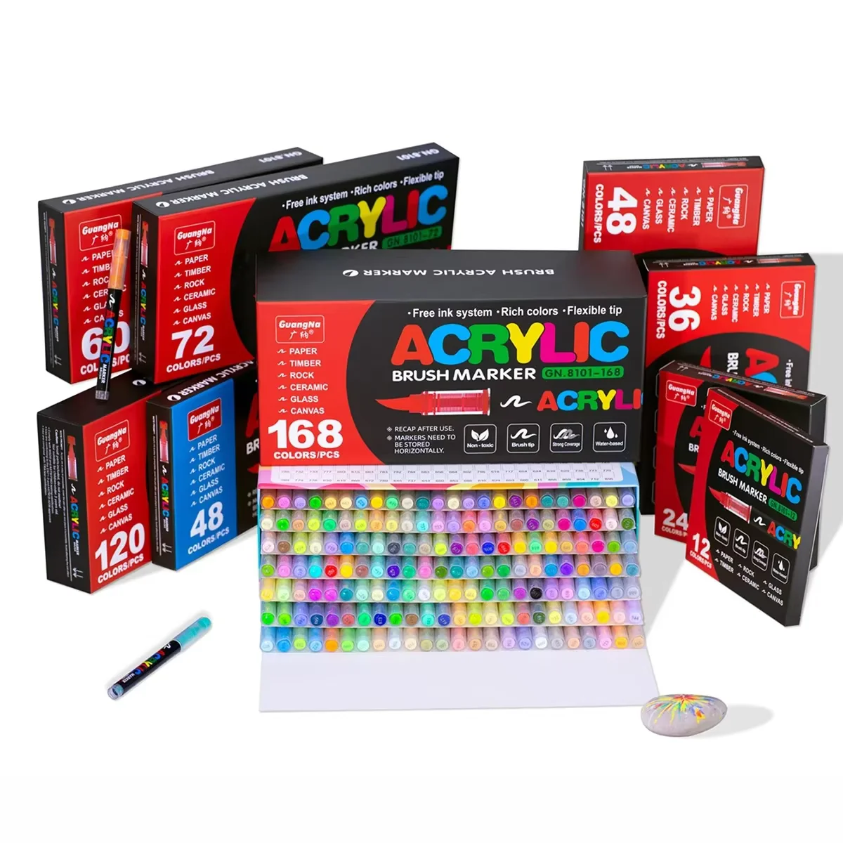 Guangna Acryl-Farbmarker mit Pinselspitze, 12~168 Lebendige Farben mit Direktflüssigkeits-Tintenkontrollsystem, Professionelle Malstifte für Steinmalerei, Leinwand, Glas, Kunststoff, Stoff & Kreativhandwerk