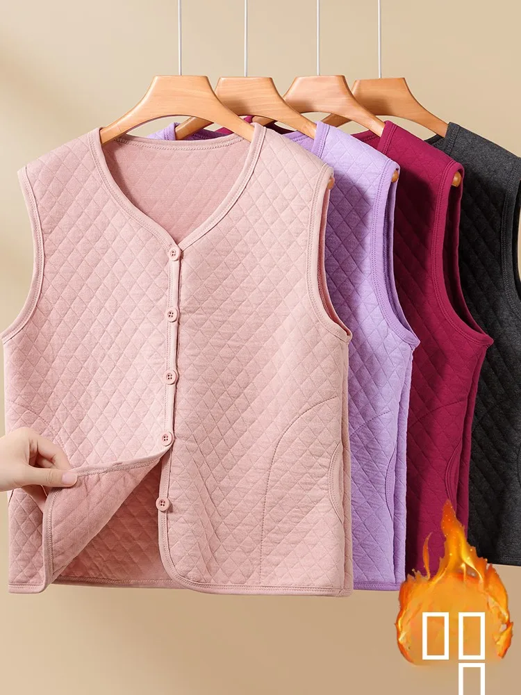 

Thiened Cotton Warm Vest Women's Winter Inner Wear Svel Single Button Pure Color Large Size Vest oulder Pad