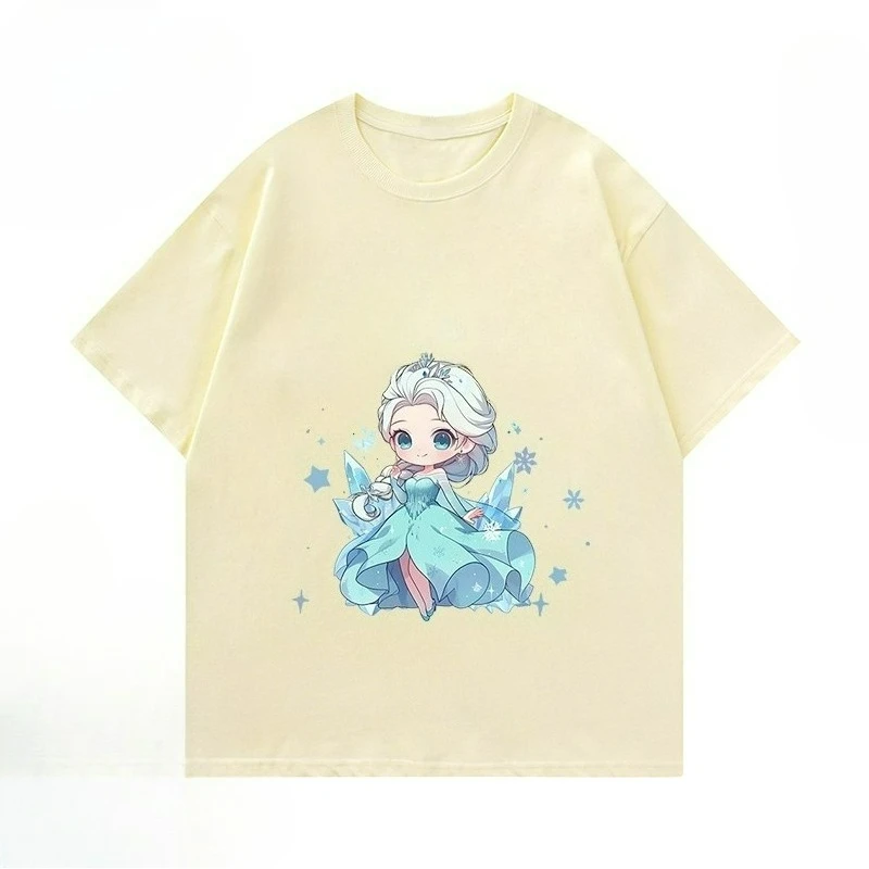 ديزني الأميرة إلسا الأطفال قصيرة الأكمام المرأة الصيف دعوى 2025 المرأة الجديدة عالية الجودة لطيف الرياح تي شيرتات قصيرة الاكمام