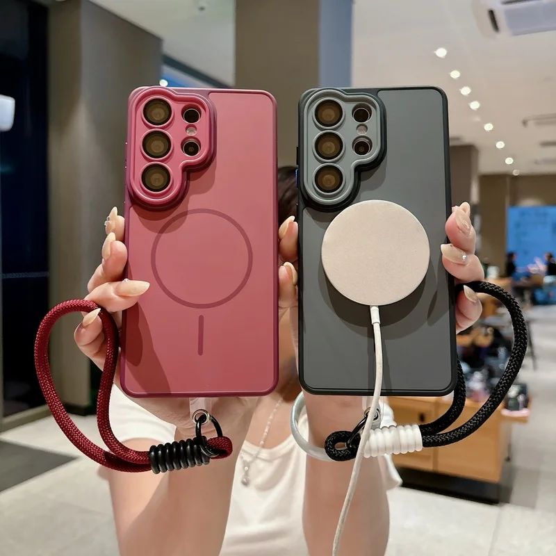 Luxury Lens Protection Frame Magnetic Phone Case For Samsung Galaxy S26 S25 S24 S23 Plus Ultra A16 For Magsafe with Strap Cover
