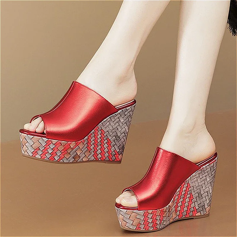 Weave Wedges Platform Women Slippers Summer High Heels Sandals Beach Slingback Shoes 2025 New Trend Dress Open Toe Chunky Pumps