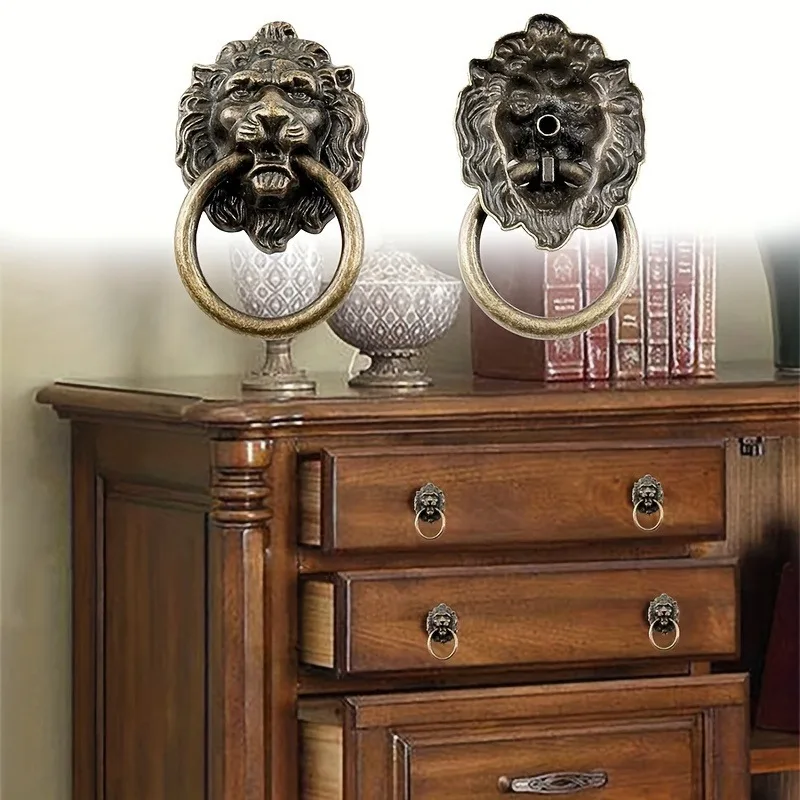 

6 Pcs Antique Lion Head Ring Pull Handles with Installation Hardware - Vintage Style Drawer Pulls for Dresser, Wardrobe